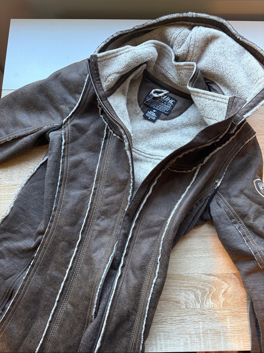 Kuhl Chocolate Brown Faux-Suede Trench Coat with Cream Shearling Lining